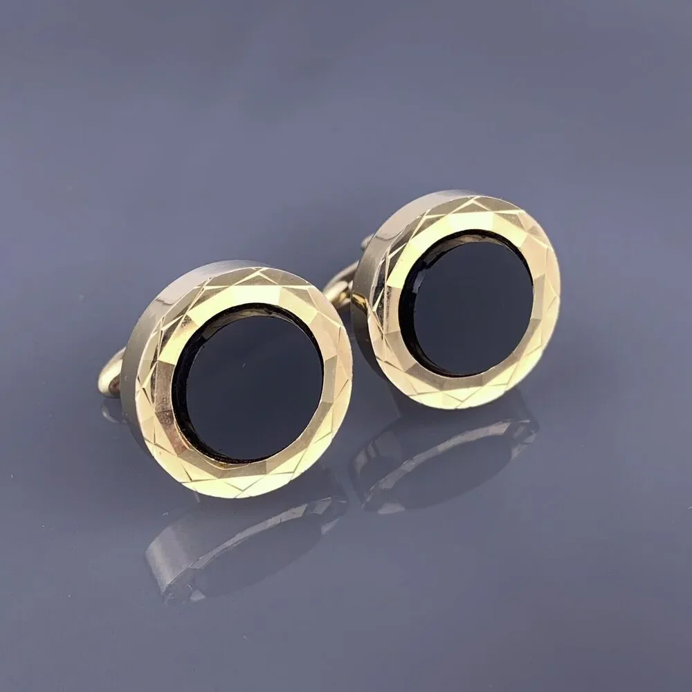 Round Black Obsidian Gold Tone Cufflinks Diamond Cut Edge Hickok Vintage